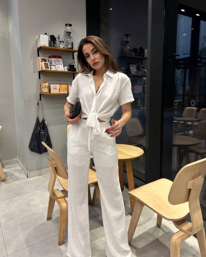 beyaz önden bağlamalı keten takım